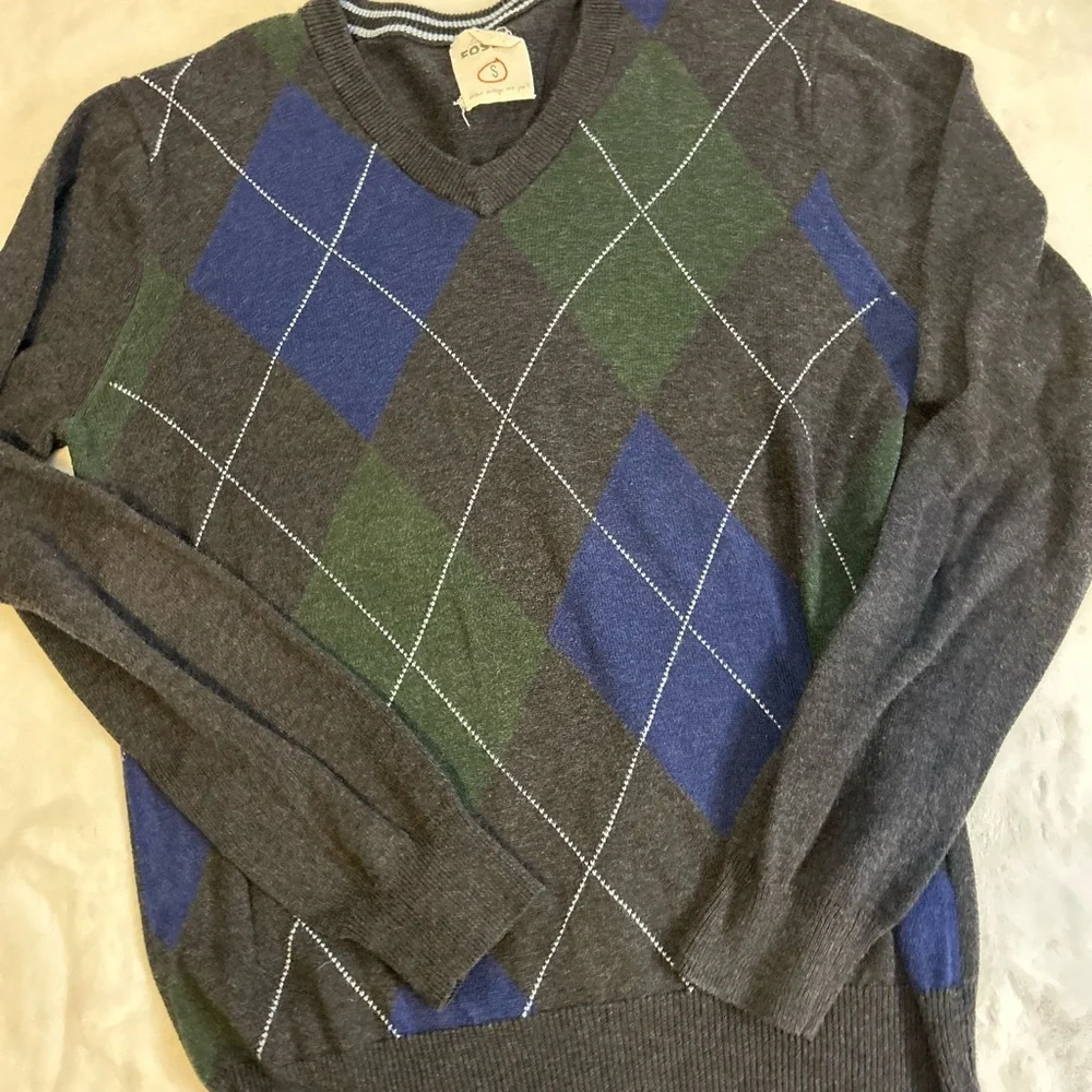 Fossil Argyle V Neck Sweater Mens Blue Green Preppy Classic Knit Top